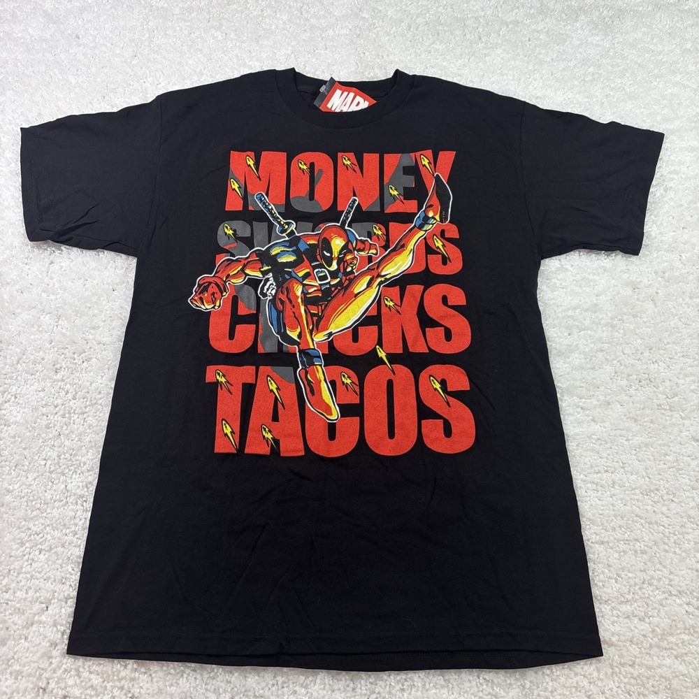 Marvel Deadpool Men's T Shirt Money Swords Chicks Tacos Black